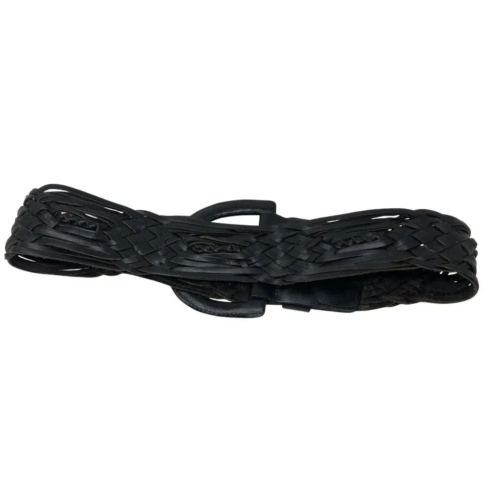 Hobo International Black Woven Leather Belt Brass Buckle Size Small Statement